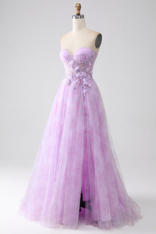 Lavendel bedrukte strapless korset galajurk met kralen Online-Schn?ppchen – Bild 3