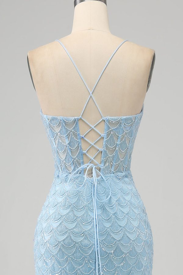 Glitter hemelsblauw Spaghetti bandjes zeemeermin Prom jurk met split Im Angebot – Bild 5