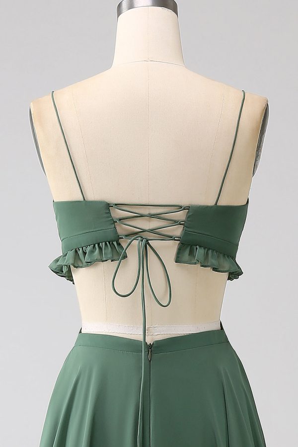 Spaghettibandjes Ruches Groene Hollow-out Lange Bruidsmeisje Jurk Angebot – Bild 5