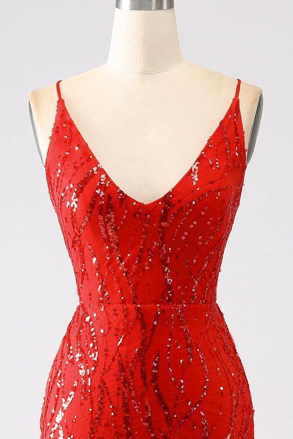 Glitter rode zeemeermin lange pailletten Prom jurk met split Online-Schn?ppchen – Bild 4