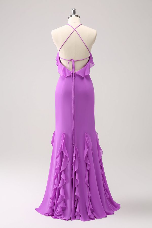Tahiti zeemeermin halter ruches chiffon lange bruidsmeisje jurk Mode – Bild 2