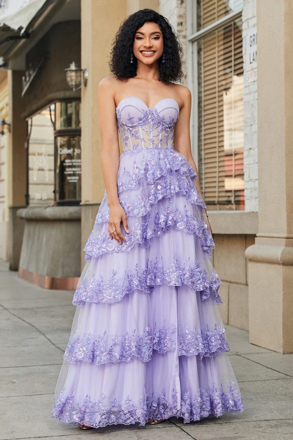 Prinses A Line Sweetheart lavendel korset Prom jurk met gelaagde kant Online