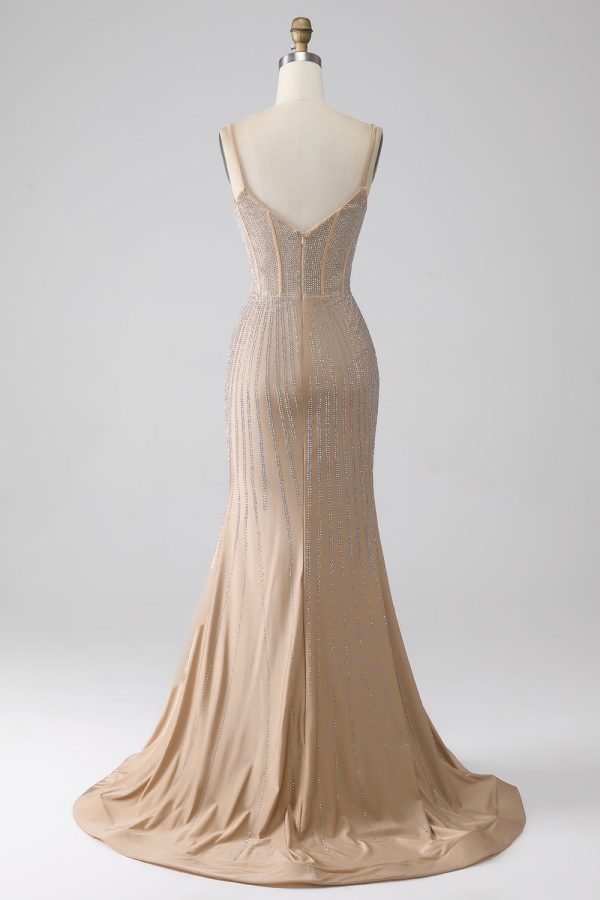 Sprankelende Champagne zeemeermin Spaghetti bandjes lange Prom jurk met split Mode – Bild 2