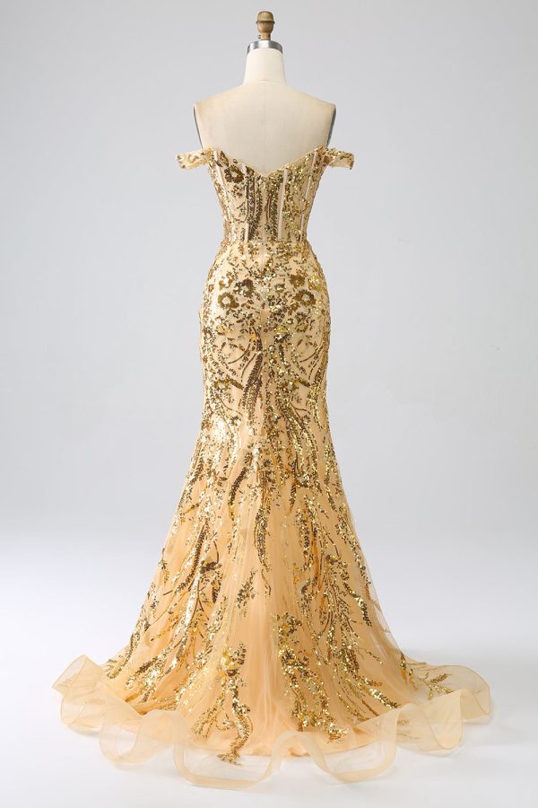 Sprankelende zeemeermin Off The Shoulder gouden korset galajurk met split Schn?ppchen – Bild 2