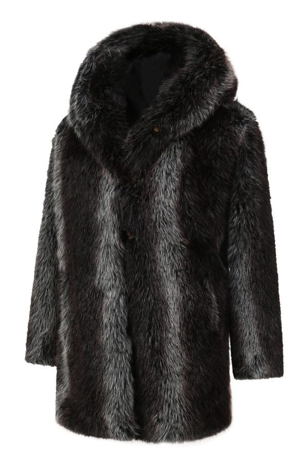 Zwarte heren Winter Puffy Lange Mouw Capuchon Faux Fur Jas Zu verkaufen – Bild 5