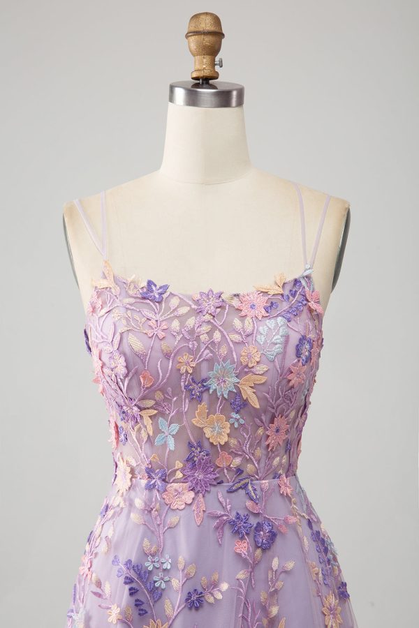 Mauve A-Lijn Spaghettibandjes Lange Galajurk met Appliques Verkauf – Bild 4