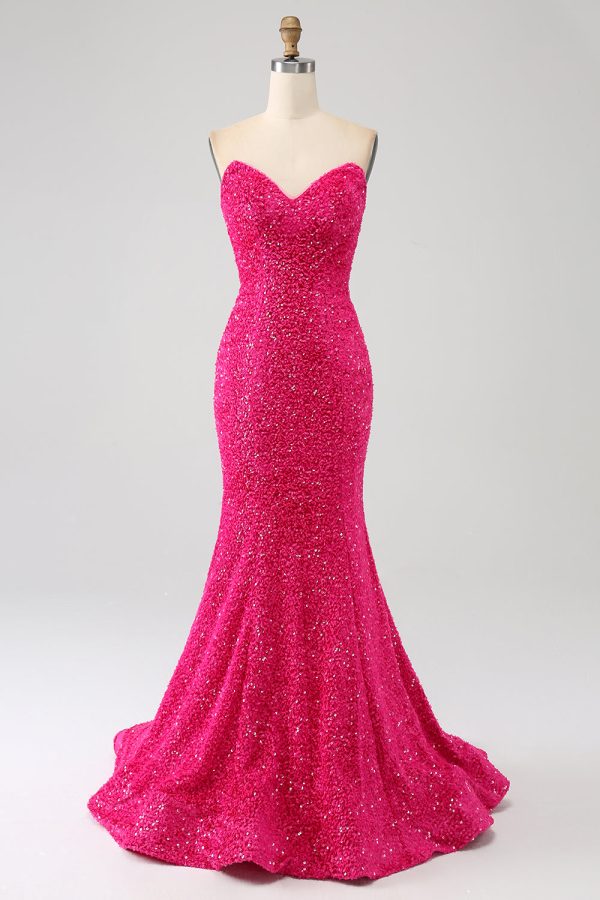 Bling zeemeermin Sweetheart Hot Pink pailletten lange Prom jurk Online-Schn?ppchen