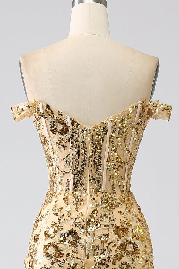 Sprankelende zeemeermin Off The Shoulder gouden korset galajurk met split Schn?ppchen – Bild 5