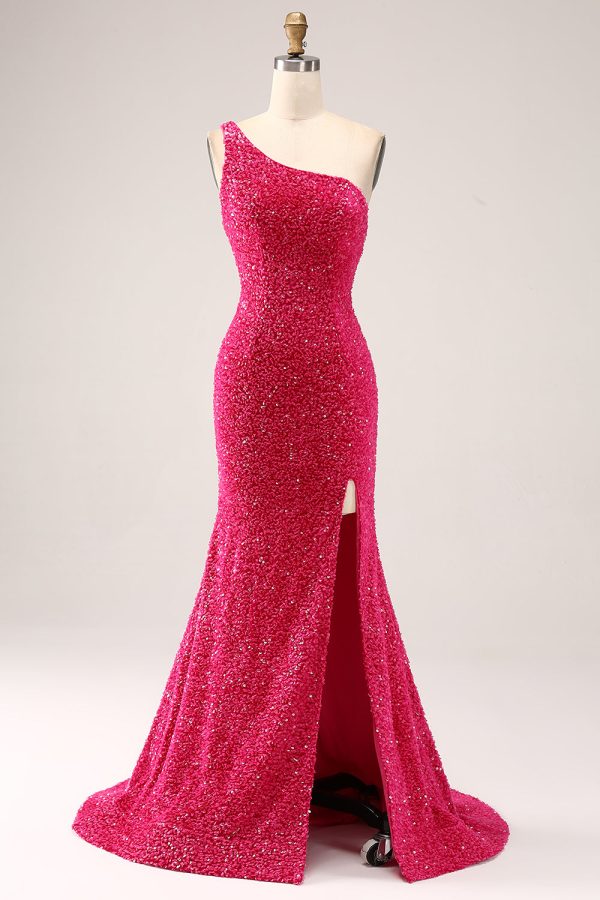 Sprankelende Fuchsia zeemeermin één schouder lange pailletten Prom jurk met split Schn?ppchen