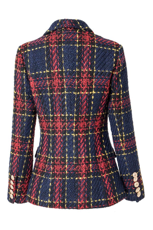 Blauw Rood Slim Retro Revers Geruite Vrouwen Blazer Online-Schn?ppchen – Bild 2