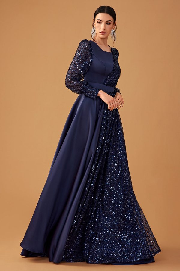Glitter pailletten Navy A Line lange galajurk met lange mouwen Online-Schn?ppchen – Bild 4