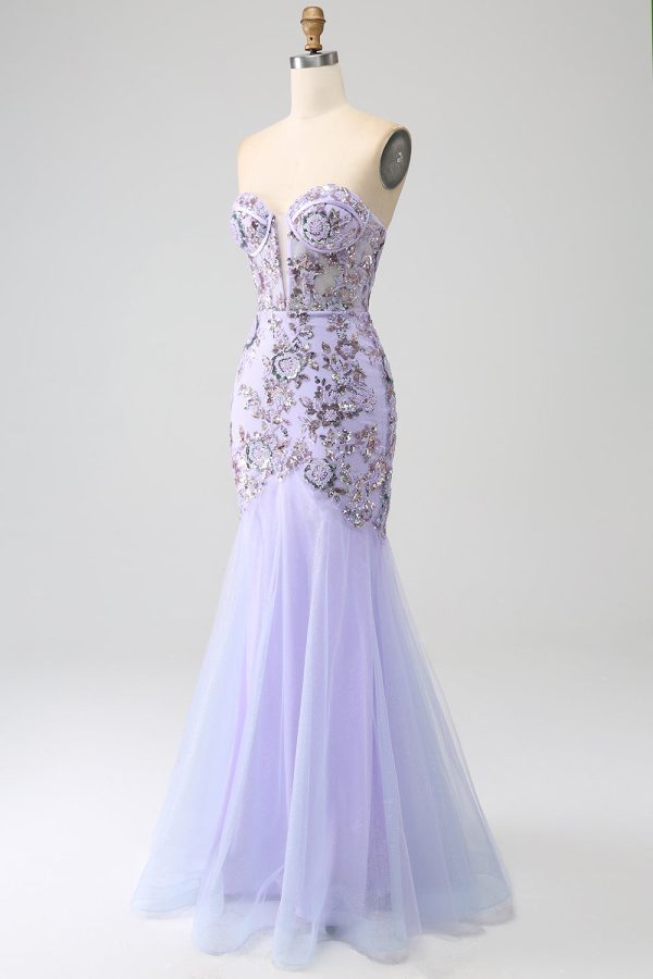 Zeemeermin strapless lavendel korset galajurk met kralen Mode – Bild 3