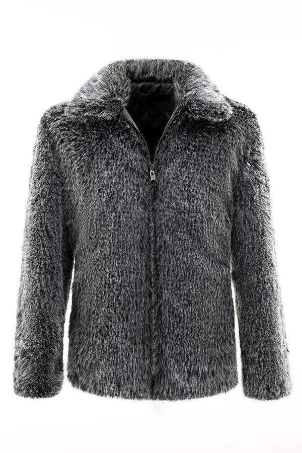 Donkergrijze Faux Fur Turn Collar korte heren jas Schn?ppchen