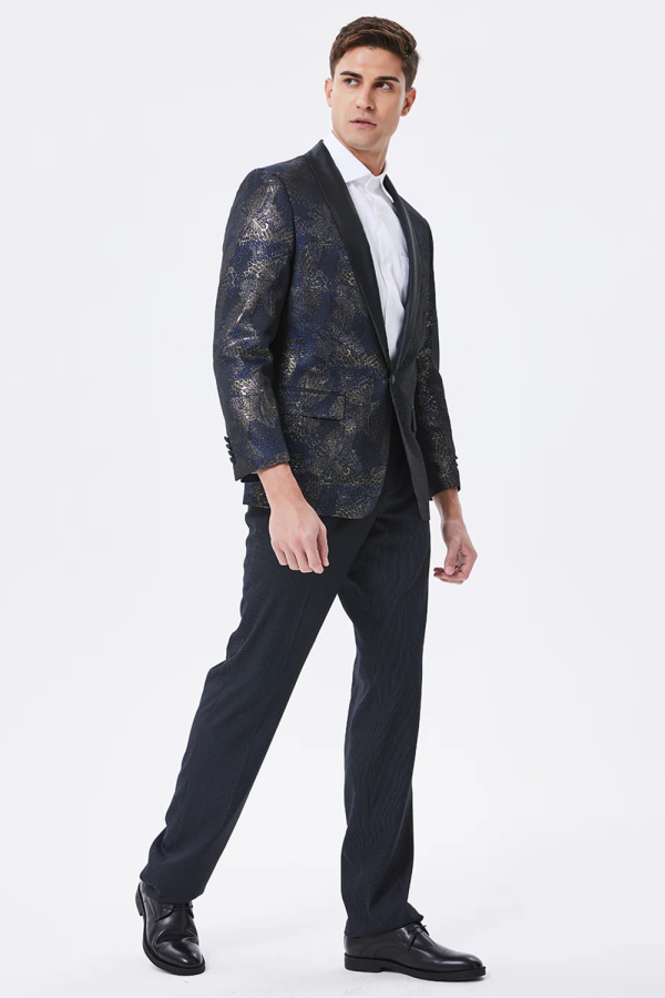Dark Navy Jacquard Sjaal Revers Galajurk voor heren Verkauf – Bild 3