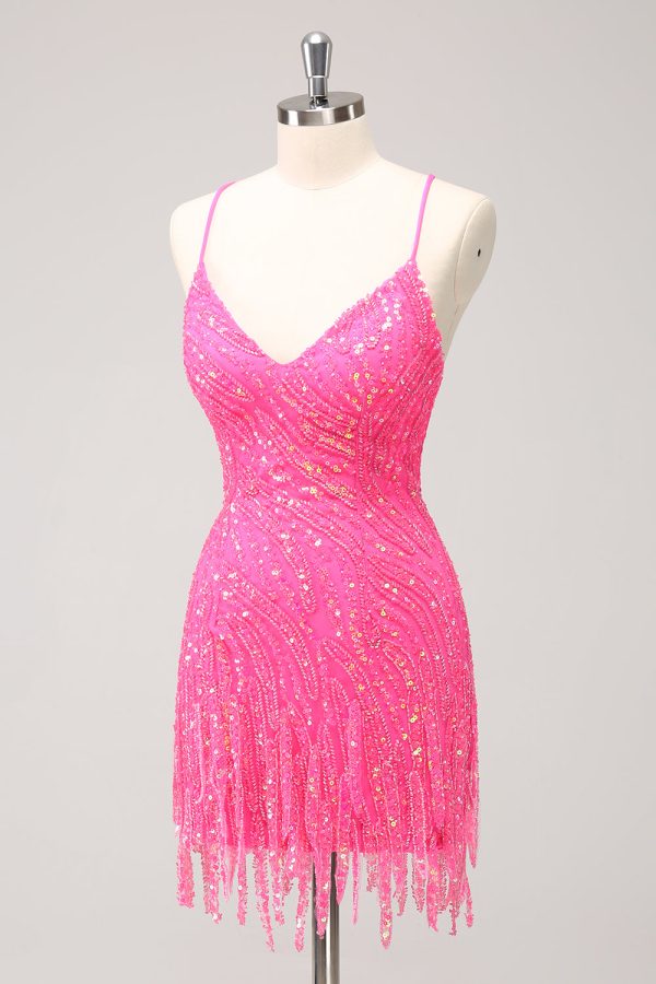 Sprankelende Hot Pink Strakke Pailletten V-hals Homecoming Jurk met Franjes Rabatt – Bild 3
