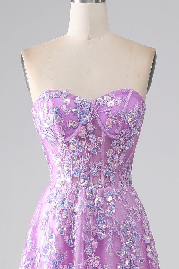 Paarse A-lijn strapless korset galajurk met appliques Rabatt – Bild 4