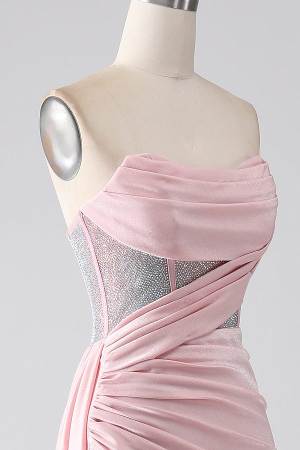 Roze zeemeermin strapless kralen geplooide lange galajurk met hoge split Online-Verkauf – Bild 5