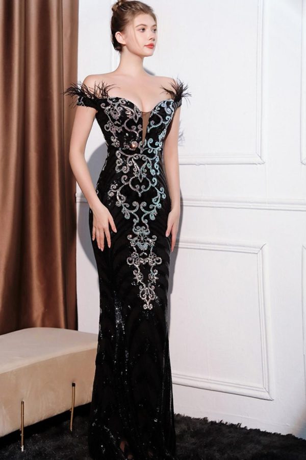 Glitter zwarte zeemeermin Off the Shoulder lange galajurk met veer Rabatt – Bild 3