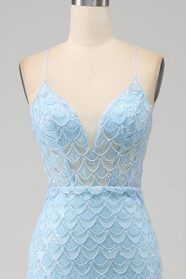 Glitter hemelsblauw Spaghetti bandjes zeemeermin Prom jurk met split Im Angebot – Bild 4