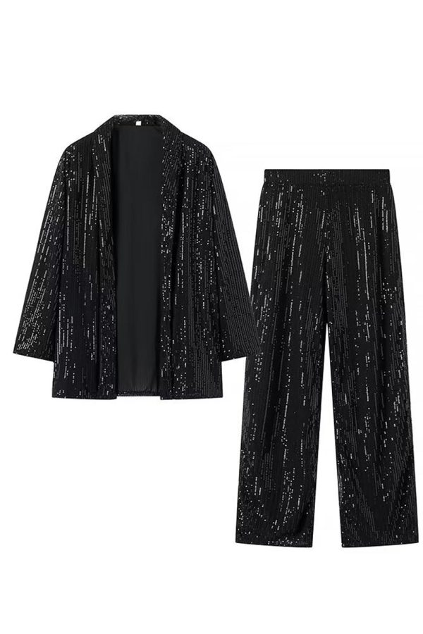 Zwarte Sparkly Pailletten 2-delige damespakken Online-Verkauf
