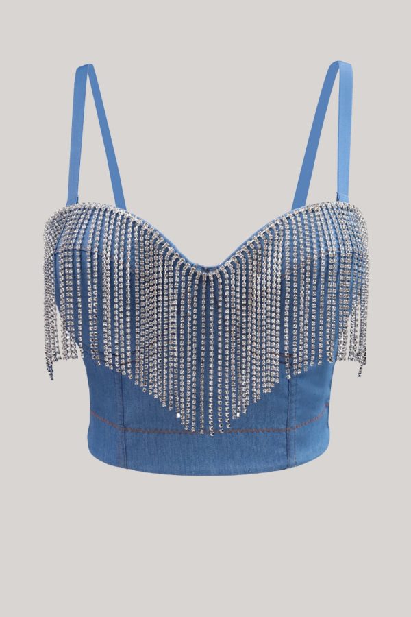 Blauwe strass franje Denim Crop Top Mode