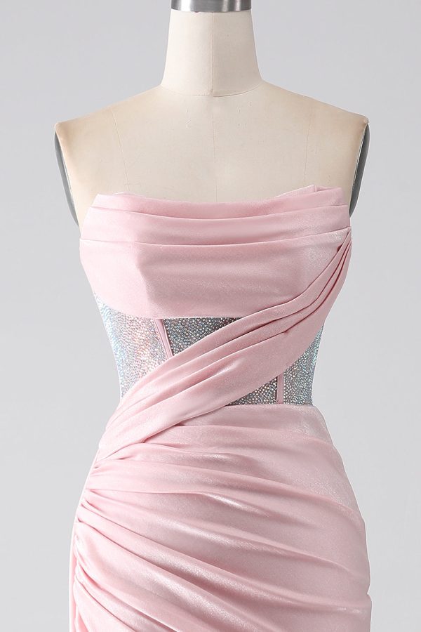 Roze zeemeermin strapless kralen geplooide lange galajurk met hoge split Online-Verkauf – Bild 4