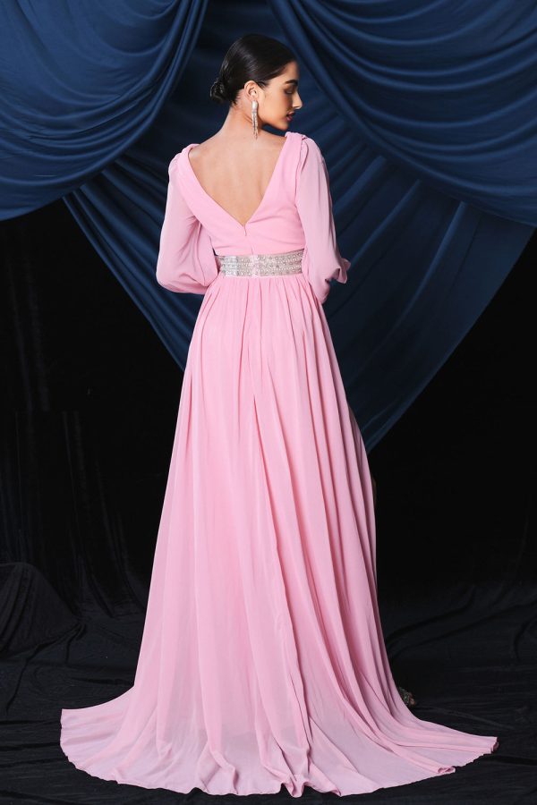 Roze chiffon galajurk met lange mouwen en split Verkauf – Bild 2