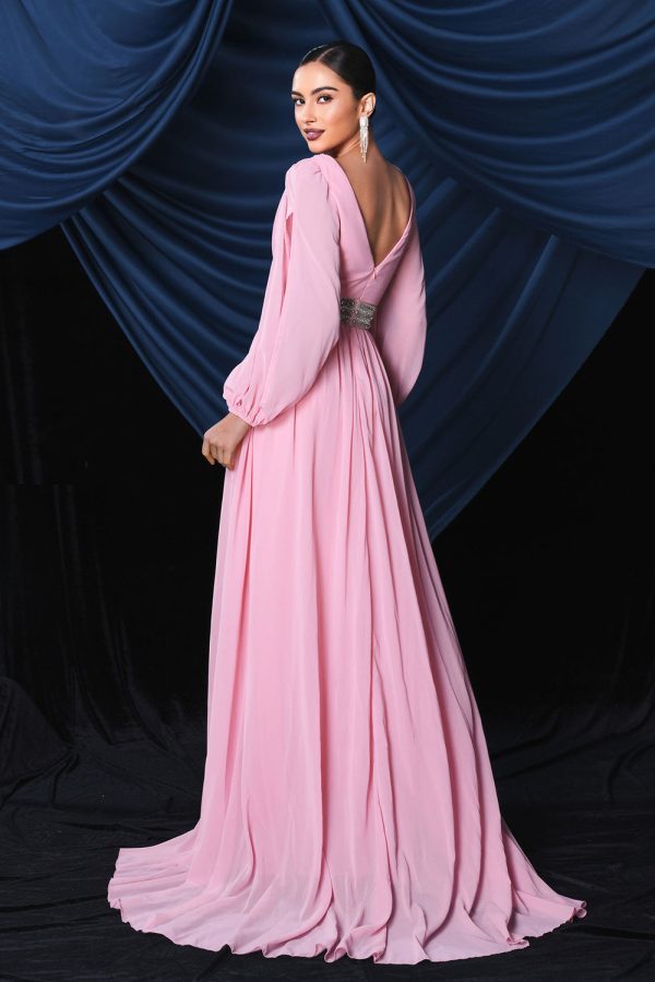 Roze chiffon galajurk met lange mouwen en split Verkauf – Bild 3