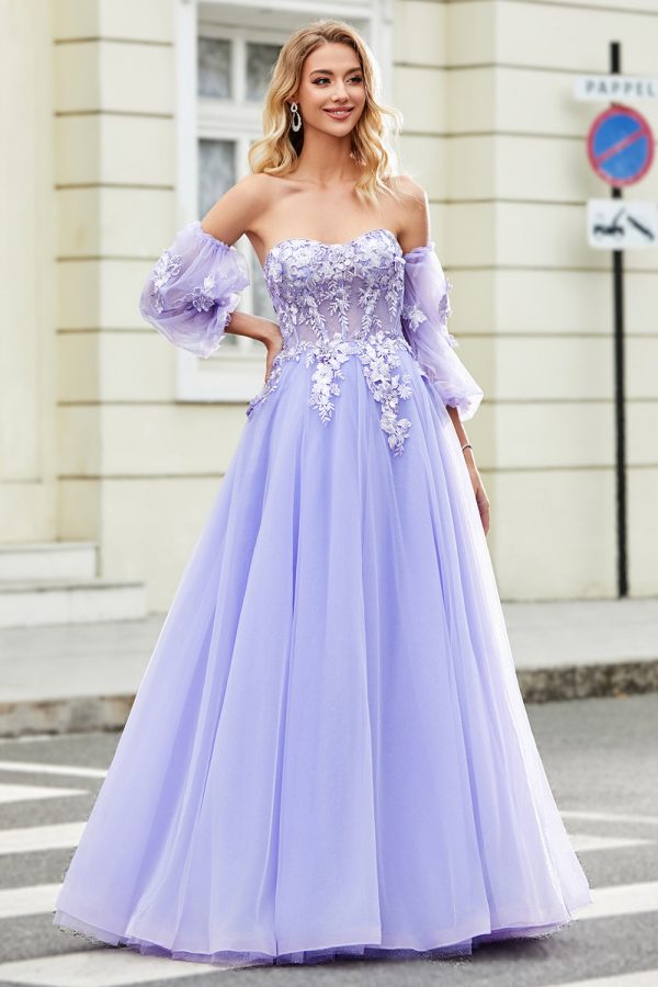 Prachtige A Line Off the Shoulder lavendel korset Prom jurk met Appliques Zu verkaufen