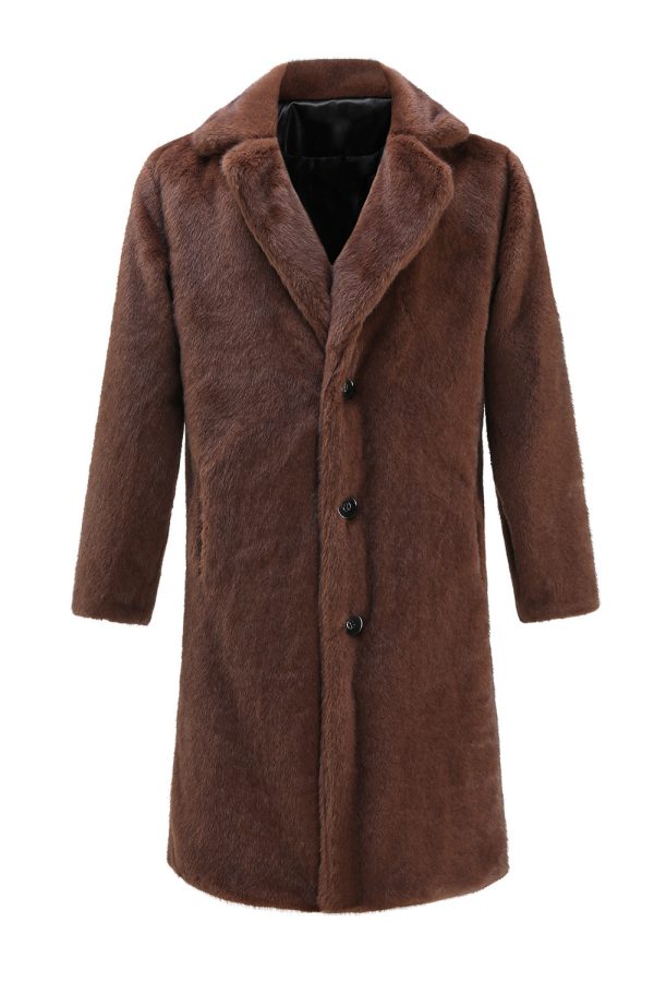 Bruine Nothced Revers Lange Shearling Jas voor Heren Mode