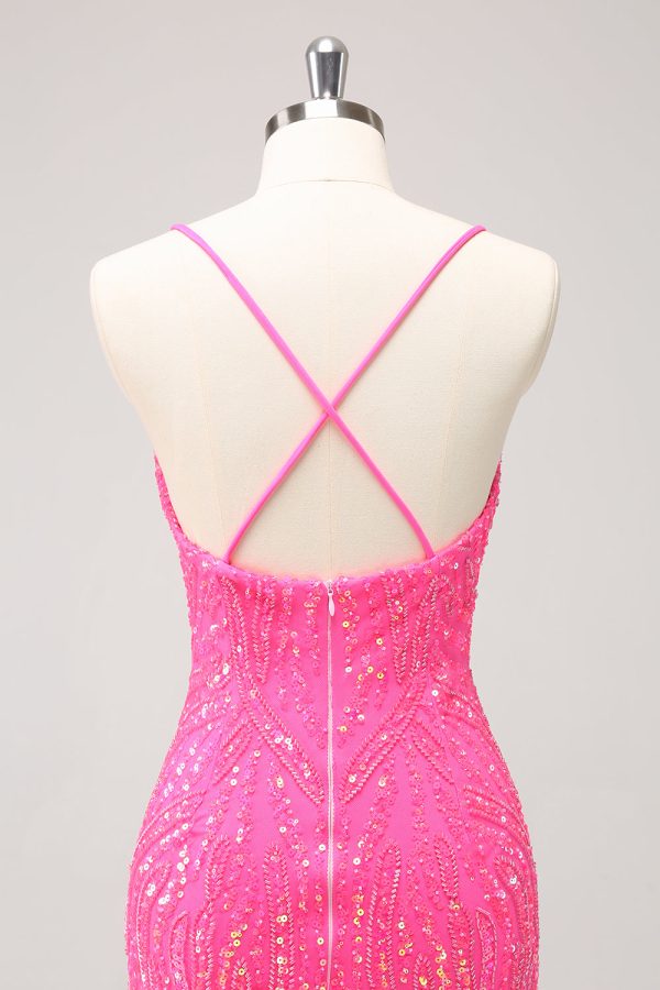 Sprankelende Hot Pink Strakke Pailletten V-hals Homecoming Jurk met Franjes Rabatt – Bild 5