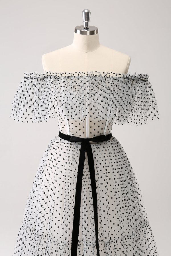 Wit Zwart A-lijn stip off-the-shoulder galajurk Mode – Bild 4