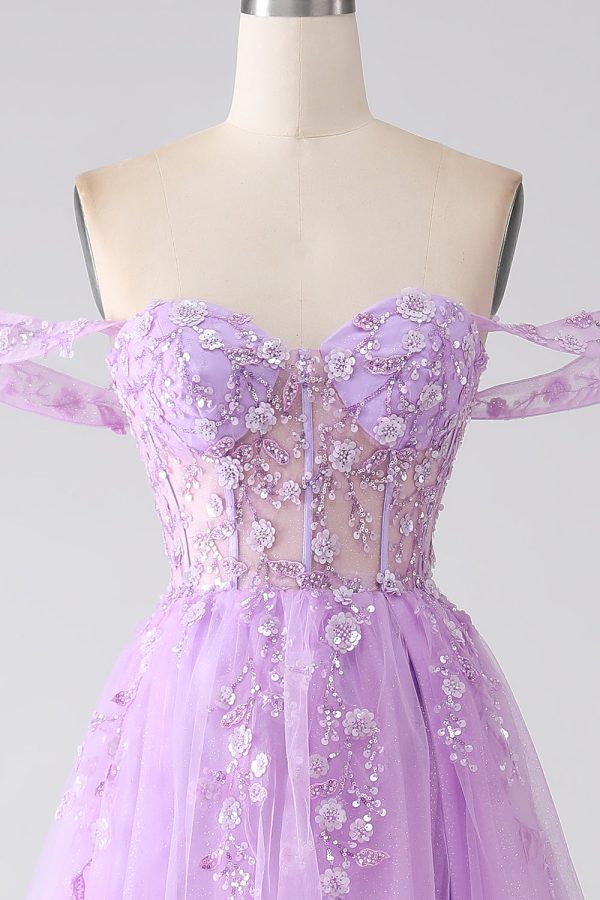 Lila A-lijn Off The Shoulder Korset Galajurk met kralen Im Angebot – Bild 4