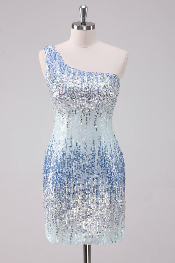 Sprankelende lichtblauwe One Shoulder pailletten Bodycon korte Homecoming Dress Zu verkaufen