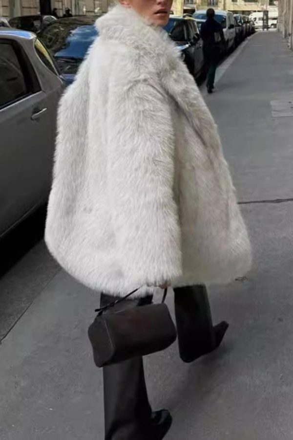Grijze Faux Fur Lange Mouw Open Front Lange Jas Mode – Bild 2