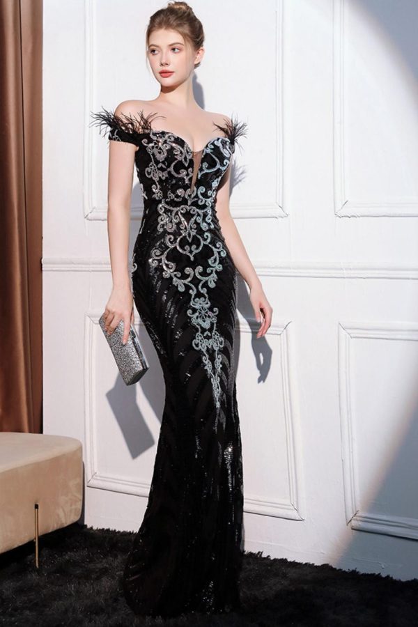 Glitter zwarte zeemeermin Off the Shoulder lange galajurk met veer Rabatt – Bild 4
