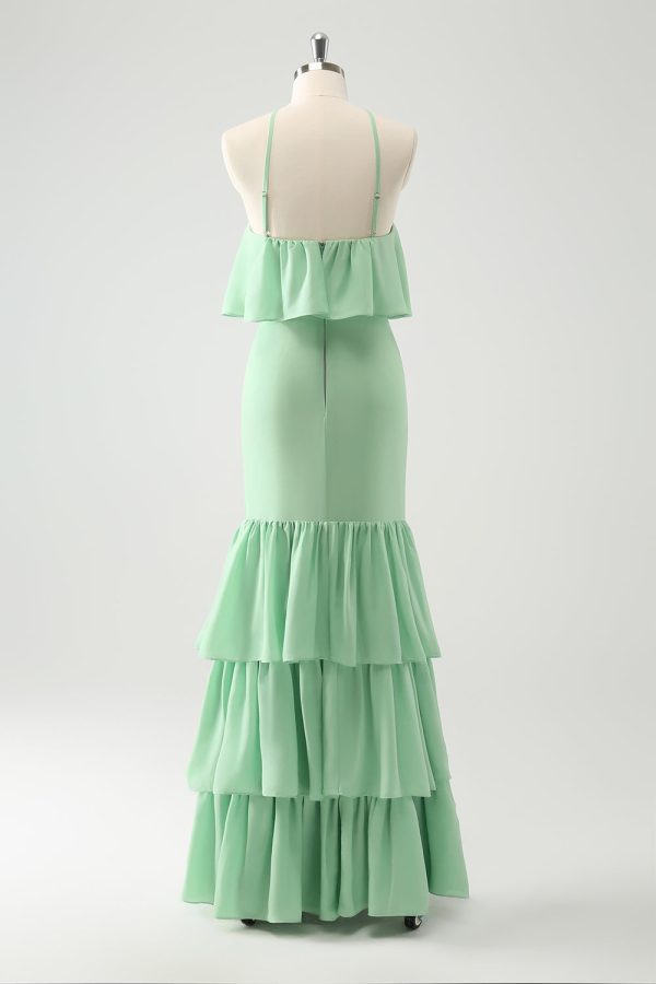 Groene Gelaagde Chiffon Zeemeermin Halter Gelaagde Bruiloft Gast Jurk Verkauf – Bild 2