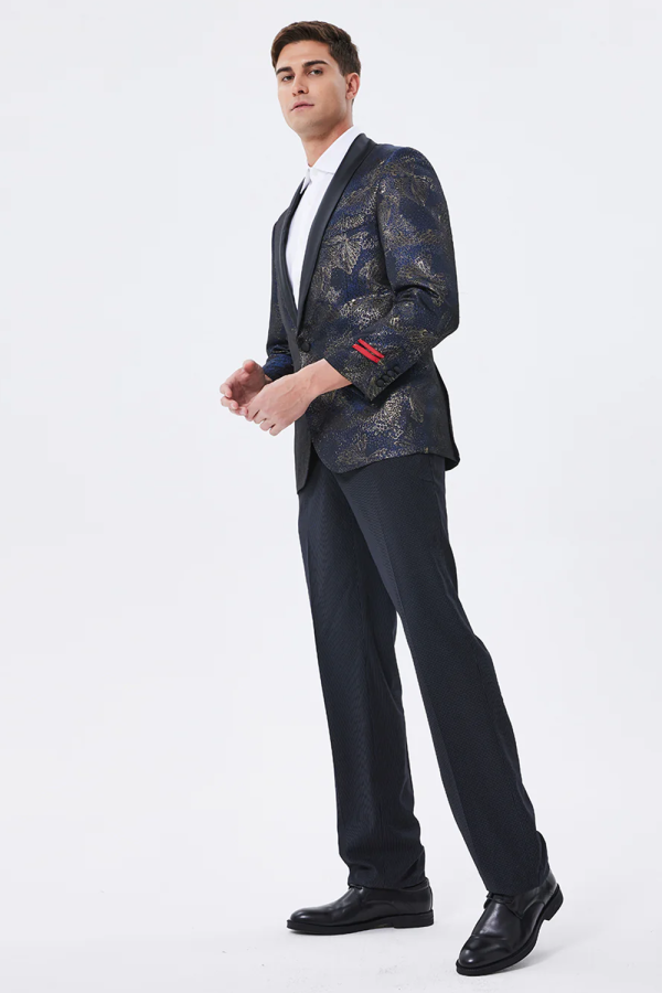 Dark Navy Jacquard Sjaal Revers Galajurk voor heren Verkauf – Bild 5