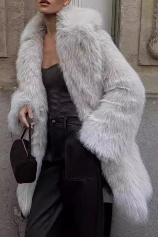 Grijze Faux Fur Lange Mouw Open Front Lange Jas Mode
