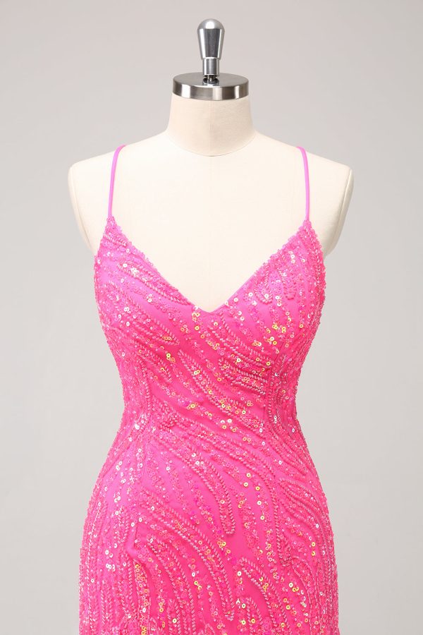 Sprankelende Hot Pink Strakke Pailletten V-hals Homecoming Jurk met Franjes Rabatt – Bild 4