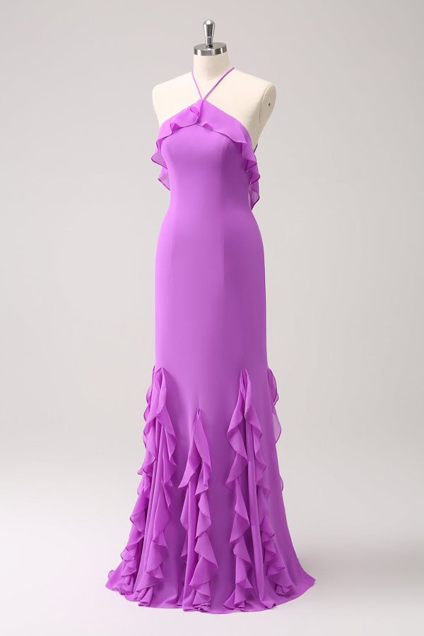 Tahiti zeemeermin halter ruches chiffon lange bruidsmeisje jurk Mode – Bild 3
