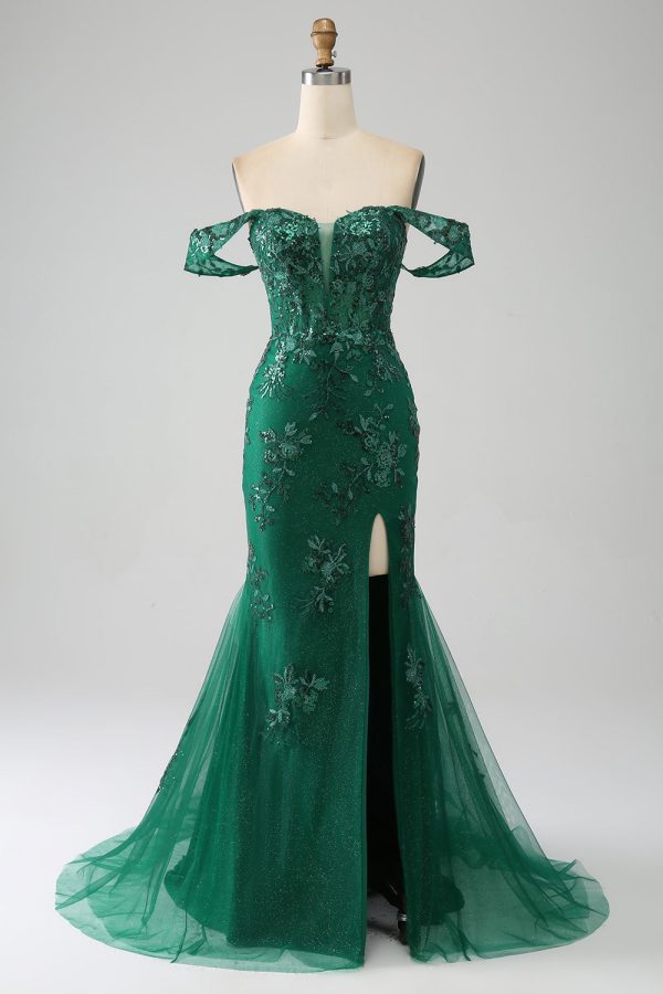 Zeemeermin Off The Shoulder donkergroene galajurk met appliques Mode