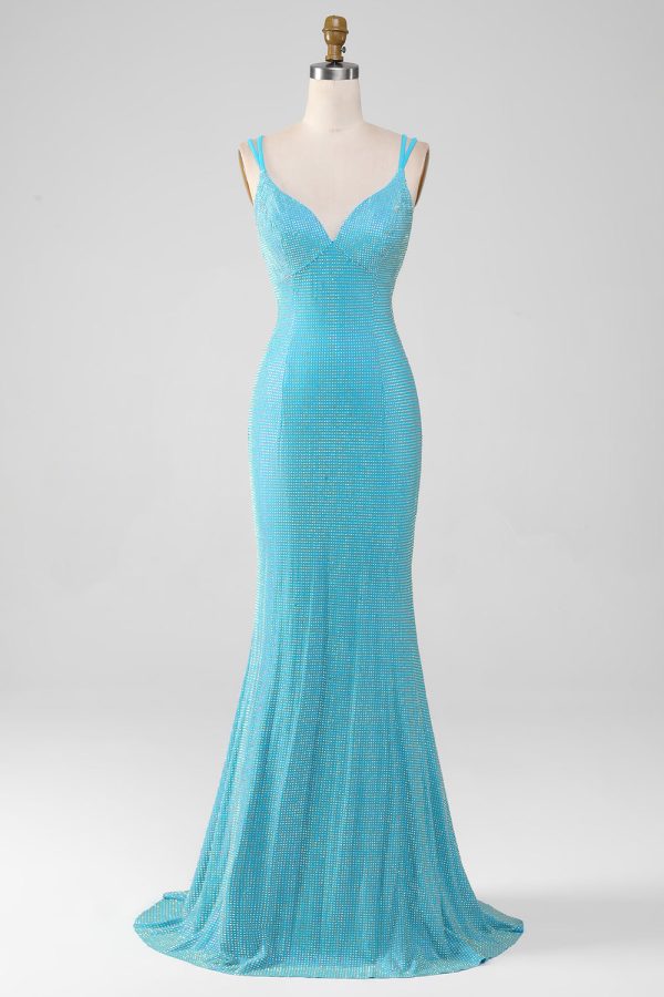 Sprankelende Turquoise zeemeermin Spaghetti bandjes lange Prom jurk met kralen Im Angebot