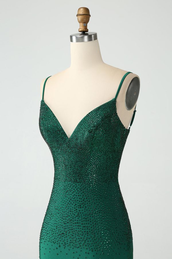 Donkergroene Bodycon Spagehtti bandjes Backless Homecoming jurk met kralen Schn?ppchen – Bild 5