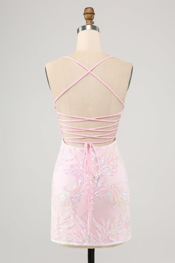 Roze Spaghetti Bandjes Bodycon Homecoming Jurk met Kriskras Rug Zu verkaufen – Bild 2