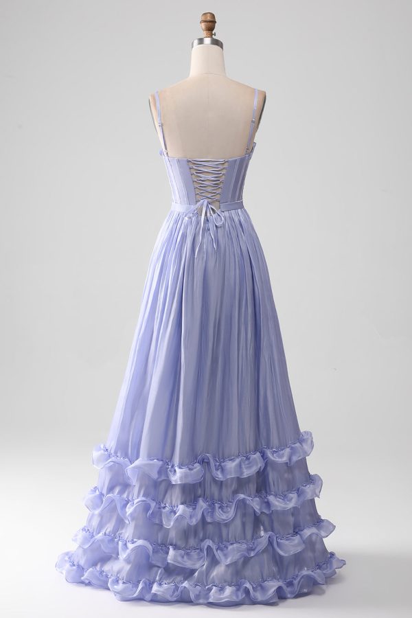 Lavendel Spaghetti Bandjes A Line Ruches Prom Dress met Split Mode – Bild 2