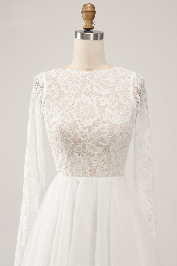 Elegante Ivoor A Line Backless Lange Mouwen Trouwjurk met Kant Verkauf – Bild 4