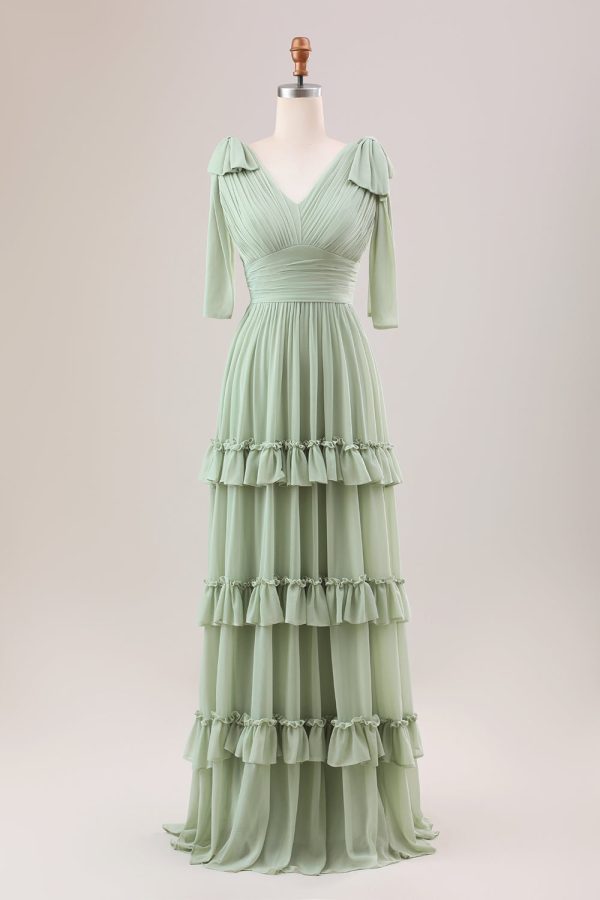 Stoffige salie een lijn chiffon bruidsmeisje jurk met ruches Rabatt