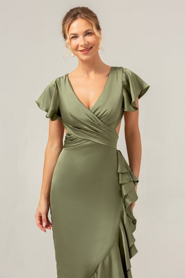 Olive A Line V-hals satijnen asymmetrische bruidsmeisjesjurk met ruches Online-Schn?ppchen – Bild 5