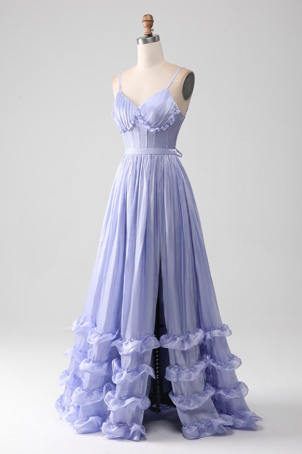 Lavendel Spaghetti Bandjes A Line Ruches Prom Dress met Split Mode – Bild 3